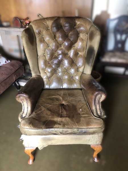 Large Vintage Wing Back Green Leather Armchair for renovation