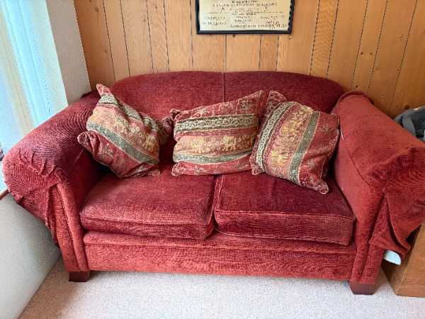 Offer: Two Seater Sofa with cushions - rustic red
