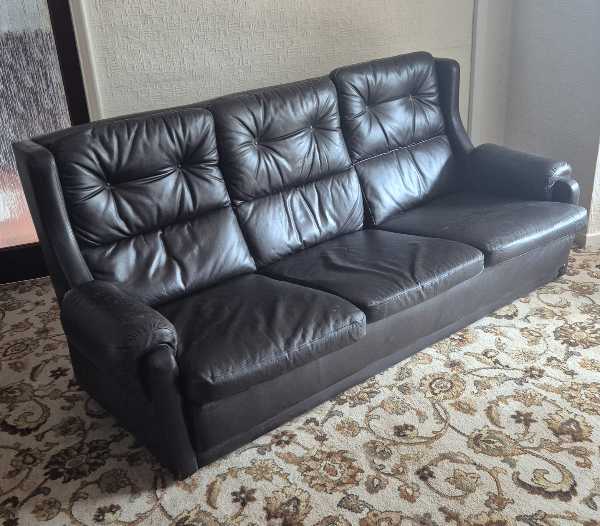 Vintage Retro Black Leather 3-Seater Sofa & Armchair SET | Wingback Suite