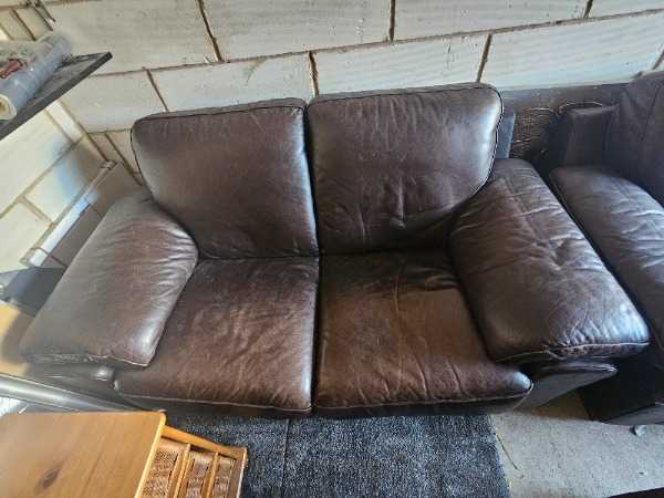 2 seater and 3 seater brown leather sofas