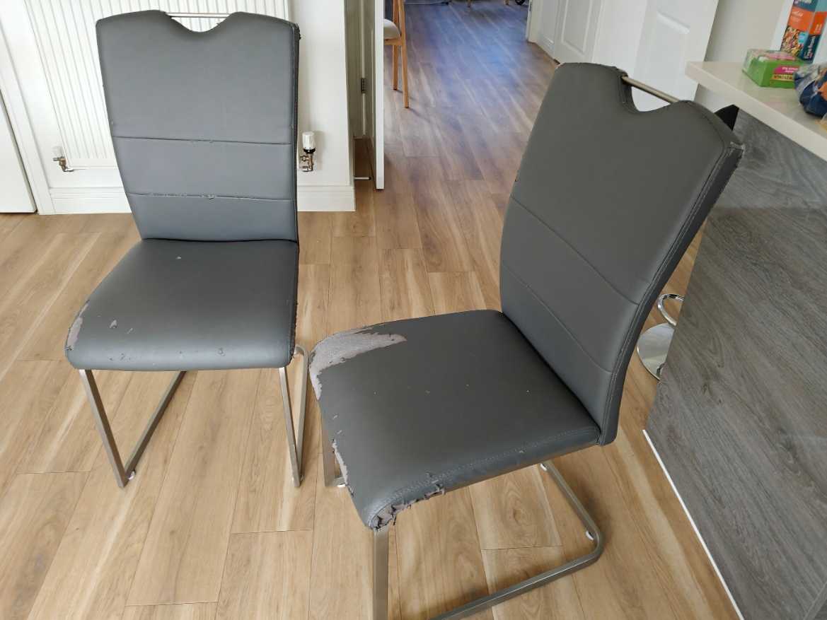Four sturdy metal and vinyl dining chairs for use or upcycling