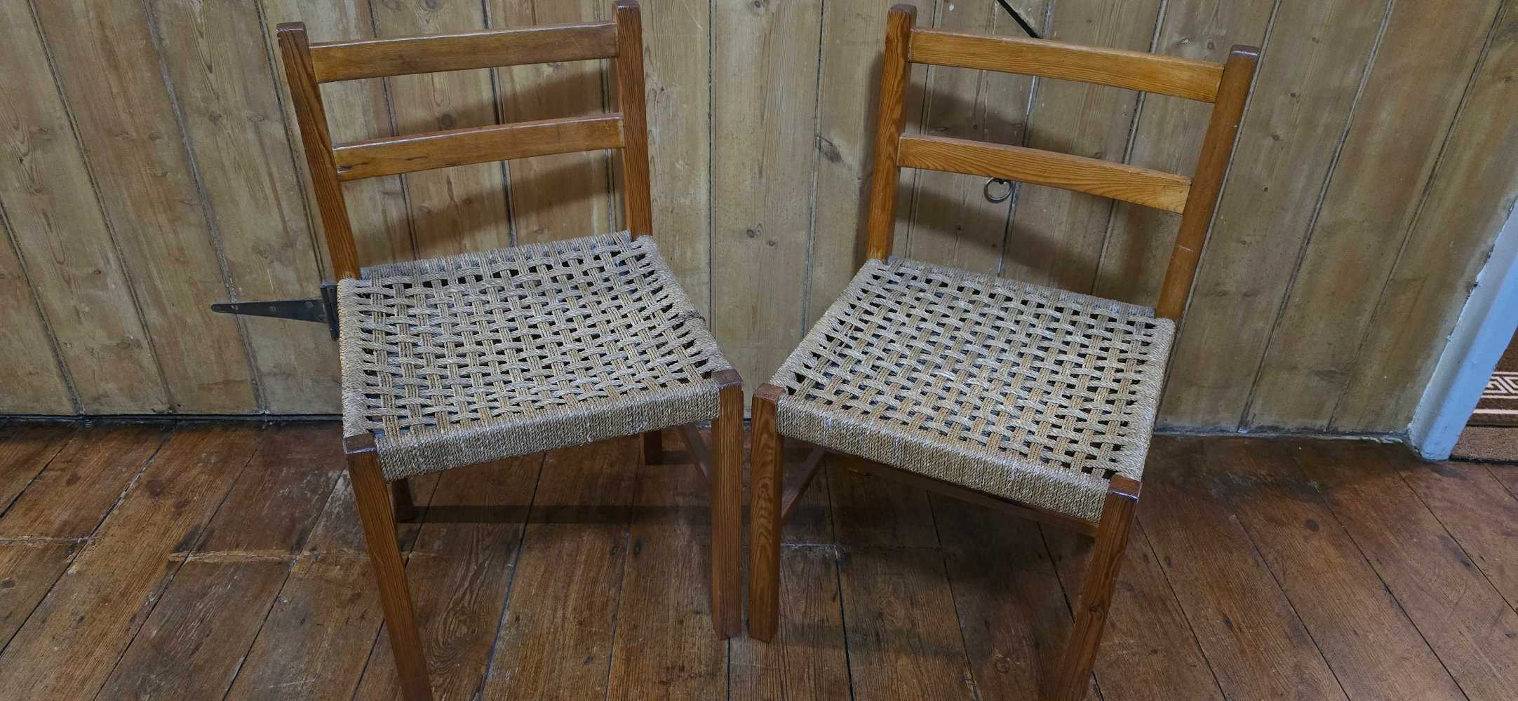 Two twine-laced, pine chairs