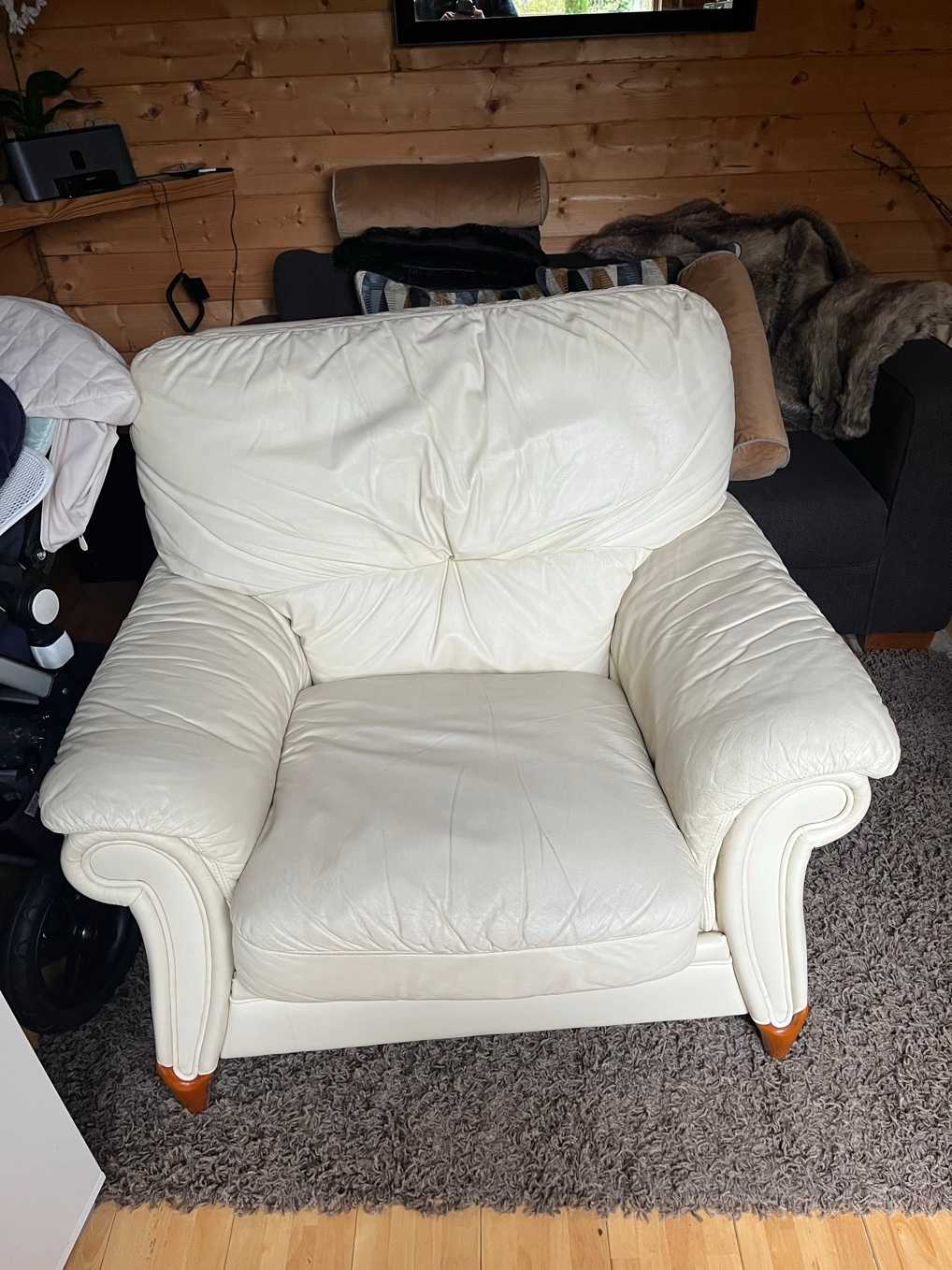 Cream Leather three piece suite and footstool