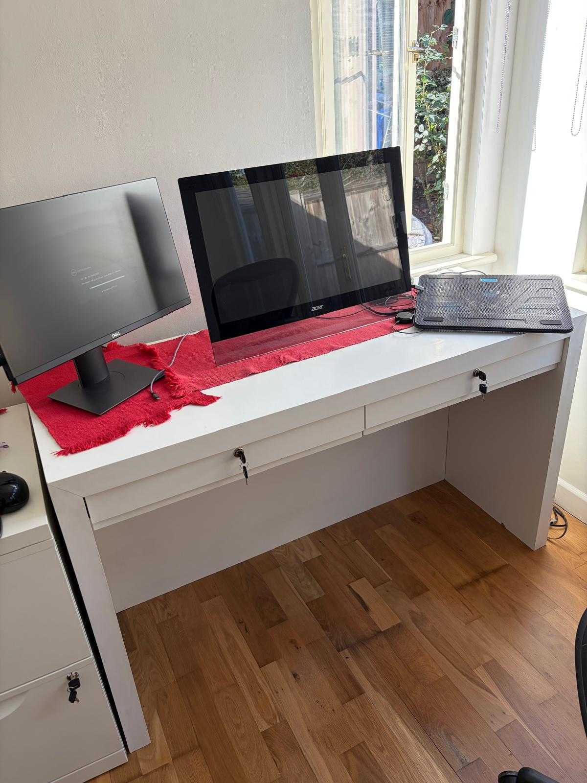 Computer Desk / Workstation, White, with Two Drawers and Locks