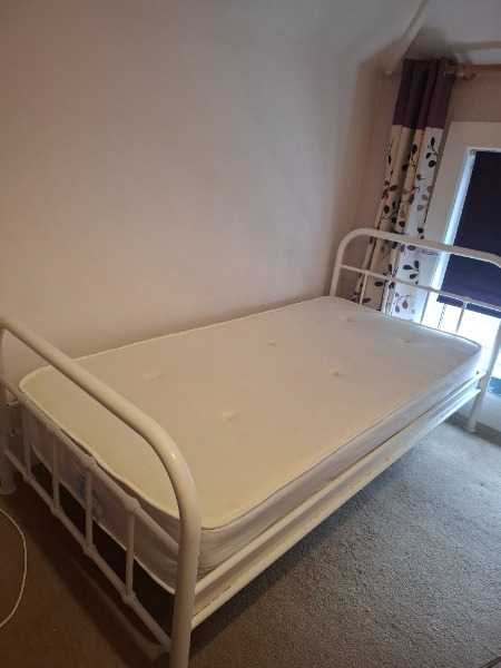 Single bed & bed-side table - White metal