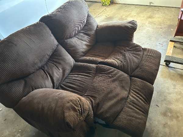 Brown corduroy reclining loveseat and chair